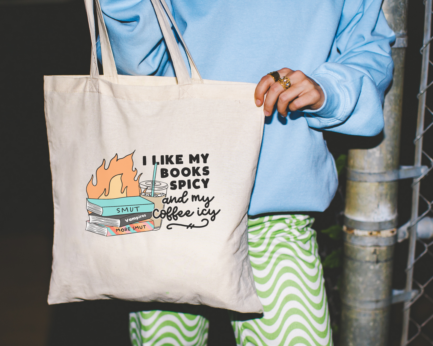 I Like My Books Spicy and My Coffee Icy Tote Bag
