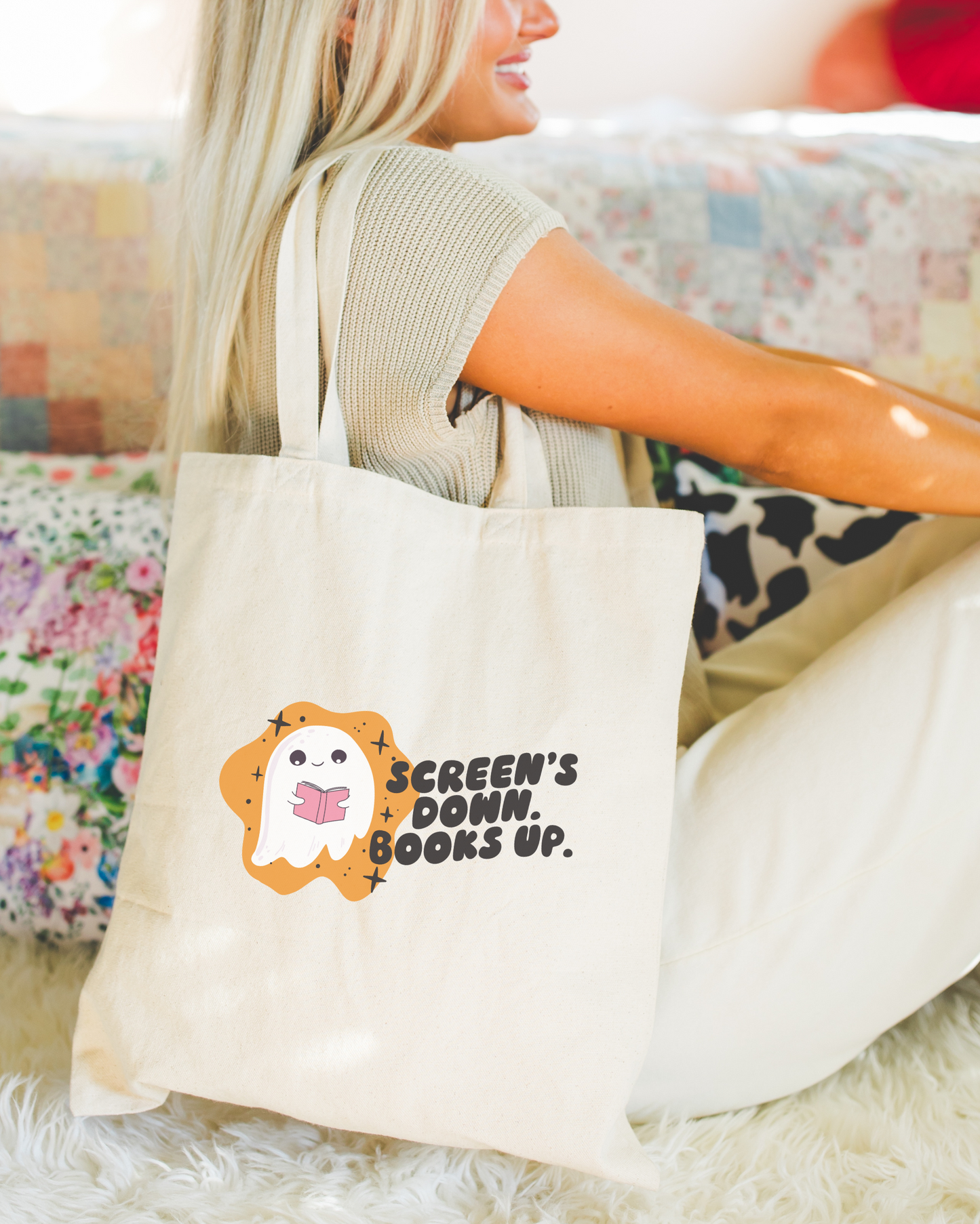 Screens Down Books Up Tote Bag